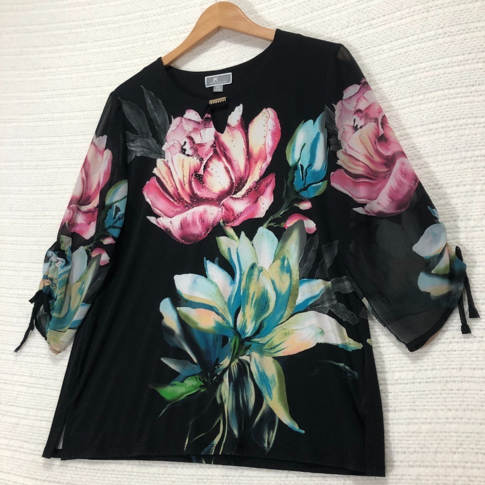 JM Collection Floral Print Sheer Sleeve Blouse Top Black Pink Size Petite‎ L